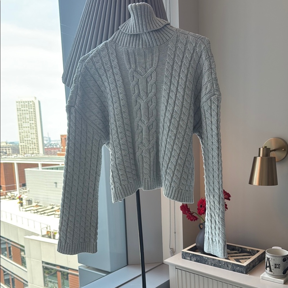 Gray Cable Knit Turtleneck Sweater